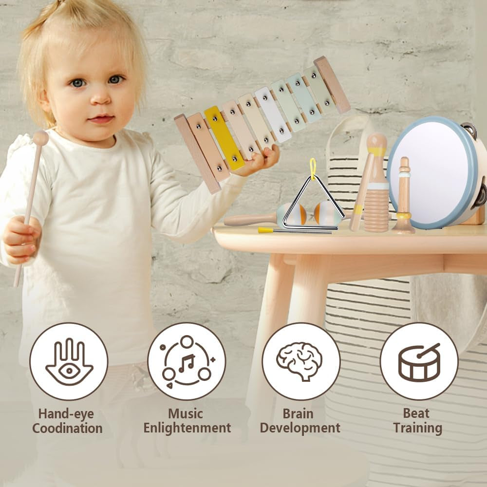 Baby Musical Instruments-Montessori Wooden Toys for Toddlers 1-3,Neutral Colors Percussion Instruments Set with Modern Boho Xylophone for Kids Preschool Educational 3+