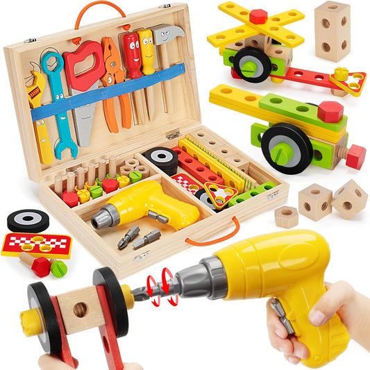 Kids Tool Set Toys for 3, 4, 5, 6, 7 Year Old Boys, Wooden Toddler Tools Set with Electric Drill & Tool Box, Montessori STEM Educational Construction Building Toy, Xmas Birthday Gifts for Boys Girls