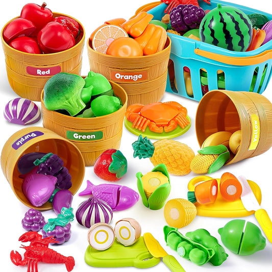 Learning Toys Play Food Set for Toddlers, Cutting Food Toy for Preschool Activities, Pretend Play Kitchen Accessories for Kids, Color Sorting Toys for Boys & Girls, Daycare Educational Toys